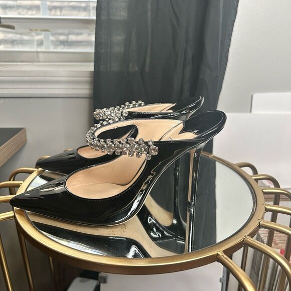 Jimmy Choo Bing 100 Patent Leather Mules with Crystal Strap Heels - Picture 4 of 10